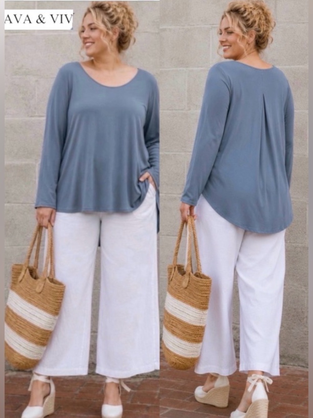4X Ava & Viv Scoop Neck Flowy Long Sleeved Top in Sandwashed Blue